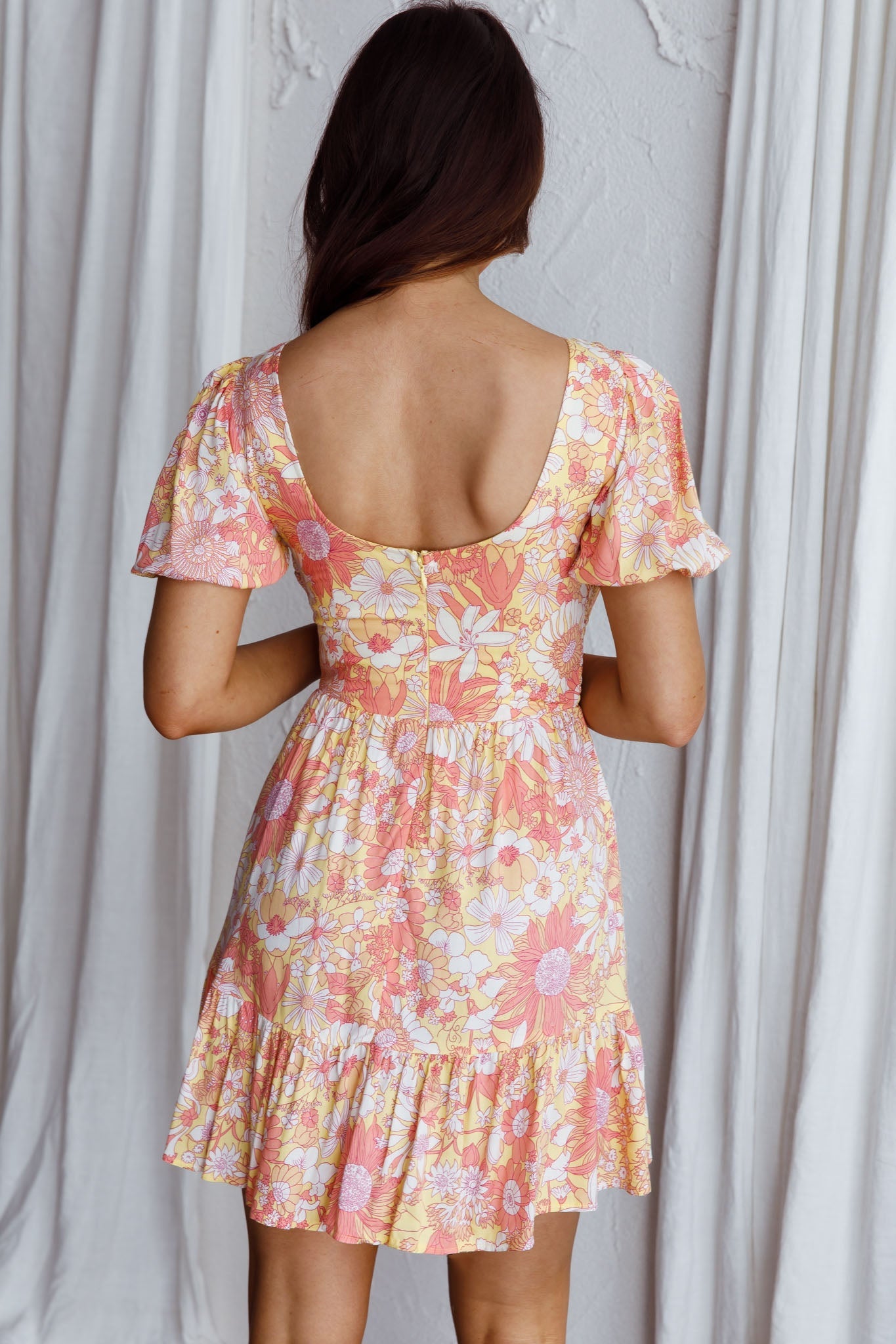 Crystal Shores Shirred Bust Mini Dress Floral Yellow
