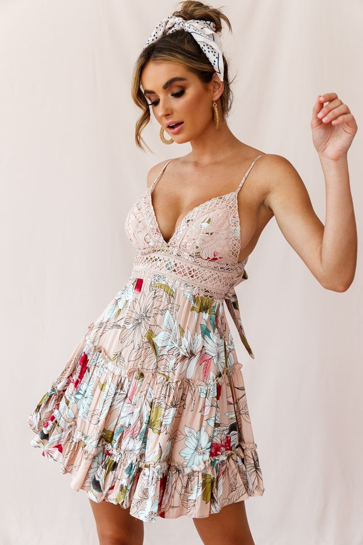Sanctuary Applique Bust Tie-Knot Back Dress Floral Print Beige