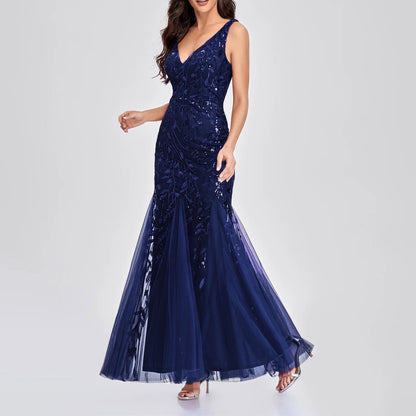 Long Ball Gowns for Women Sparkly Formal Chiffon Sequin Dress V Neck Prom Maxi Dress Bodycon Mermaid Evening Gowns