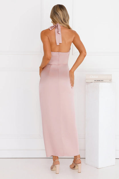 Silken Promise Satin Halter Maxi Dress Pink