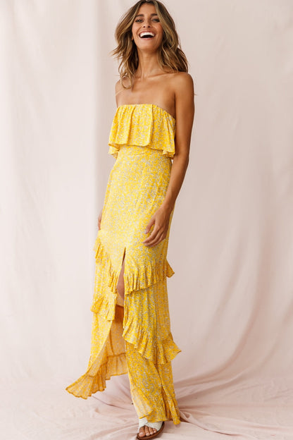 Kiya Layered Bandeau Maxi Dress Leaf Print Mustard