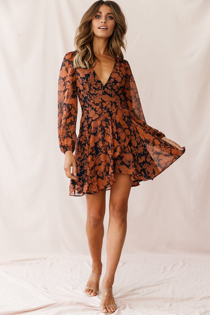 Wisteria Lane Long Sleeve Tea Dress Floral Print Navy