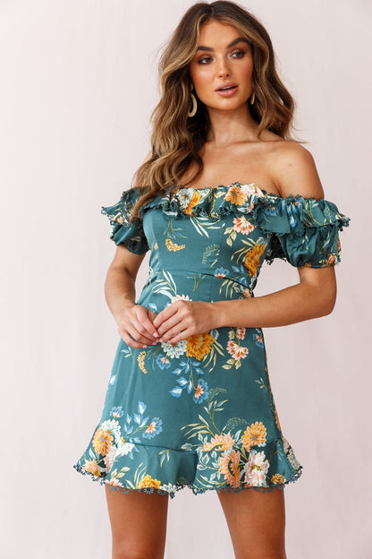 Bobby Bardot Neckline Puff Sleeve Dress Teal