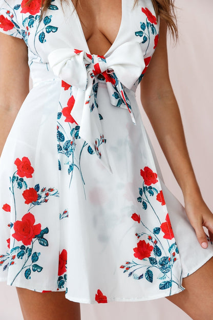 Lydia Plunging Neckline Floral Dress White