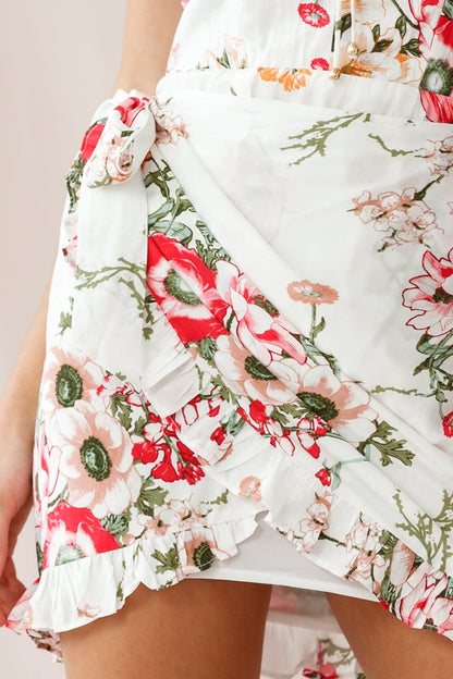 Natalie Sweetheart Neckline Wrap Dress Floral Print White
