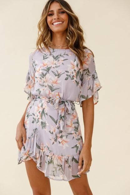 Azealia Ruffle Hem Dress Flower Print Purple