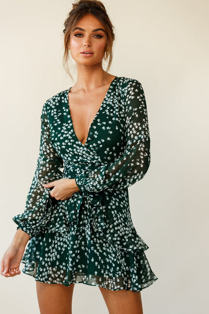 Kerry Layered Balloon Sleeve Dress Flower Print Forest Green