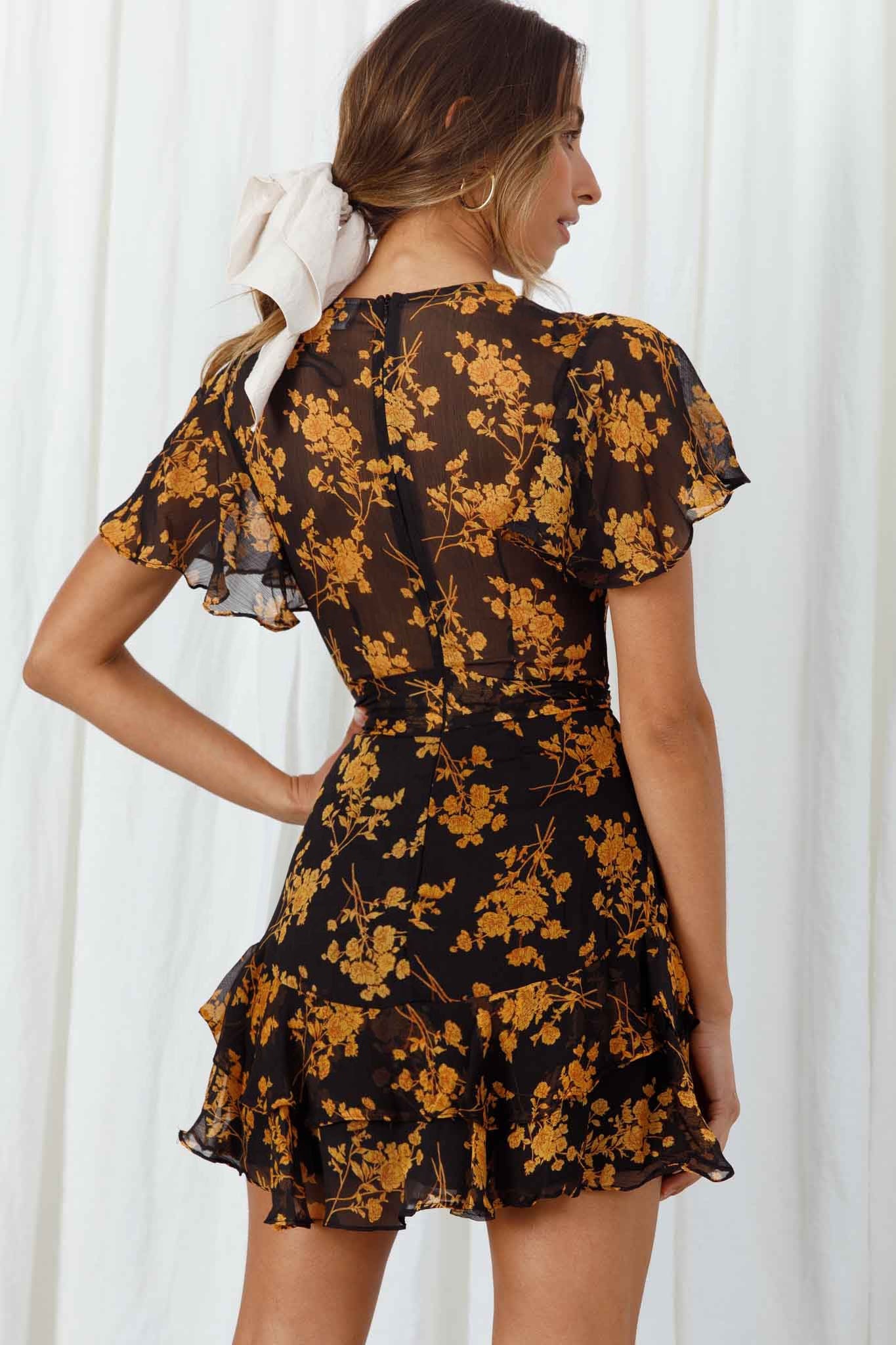Kerry Layered Angel Sleeve Dress Black/Orange Flower