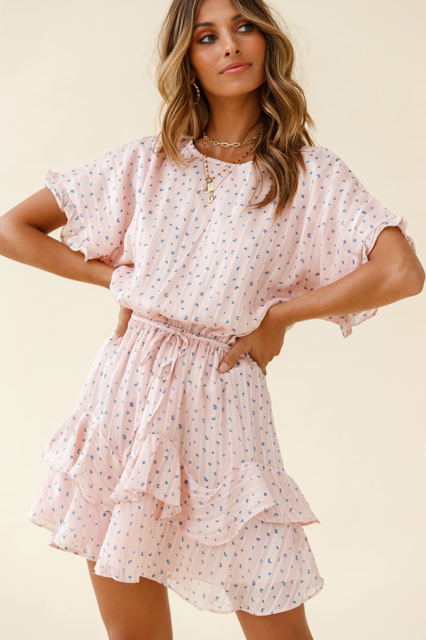 Mollina Frill Sleeve Layered Hem Dress Spot Print Blush