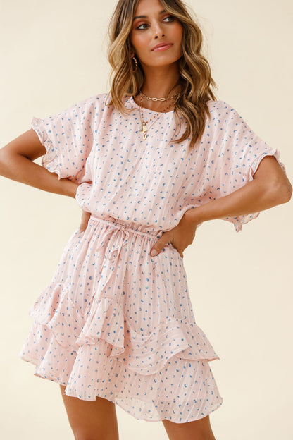 Mollina Frill Sleeve Layered Hem Dress Spot Print Blush