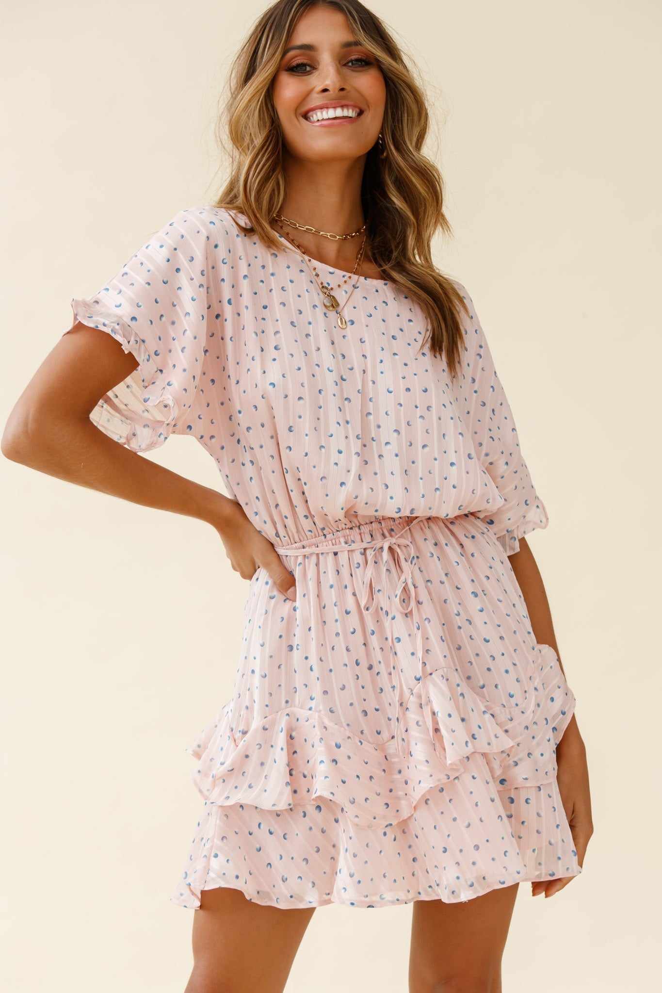 Mollina Frill Sleeve Layered Hem Dress Spot Print Blush
