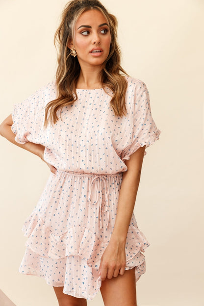 Mollina Frill Sleeve Layered Hem Dress Spot Print Blush