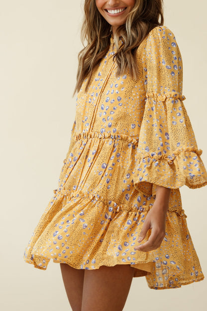 Beatrix High Neck Bell Sleeve Dress Droplet Print Yellow