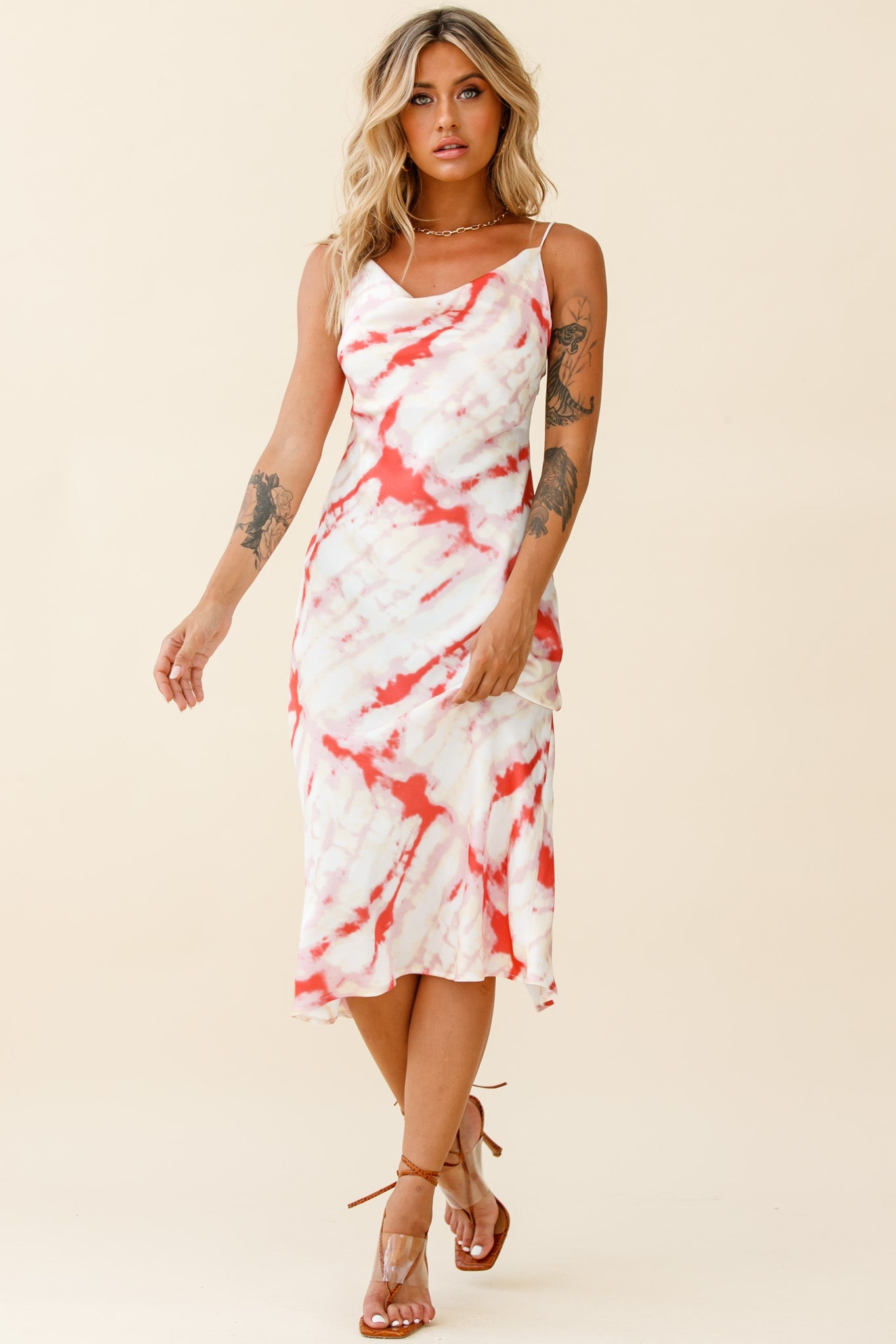Show Me Love Cowl Neck Midi Dress Tie-Dye Red