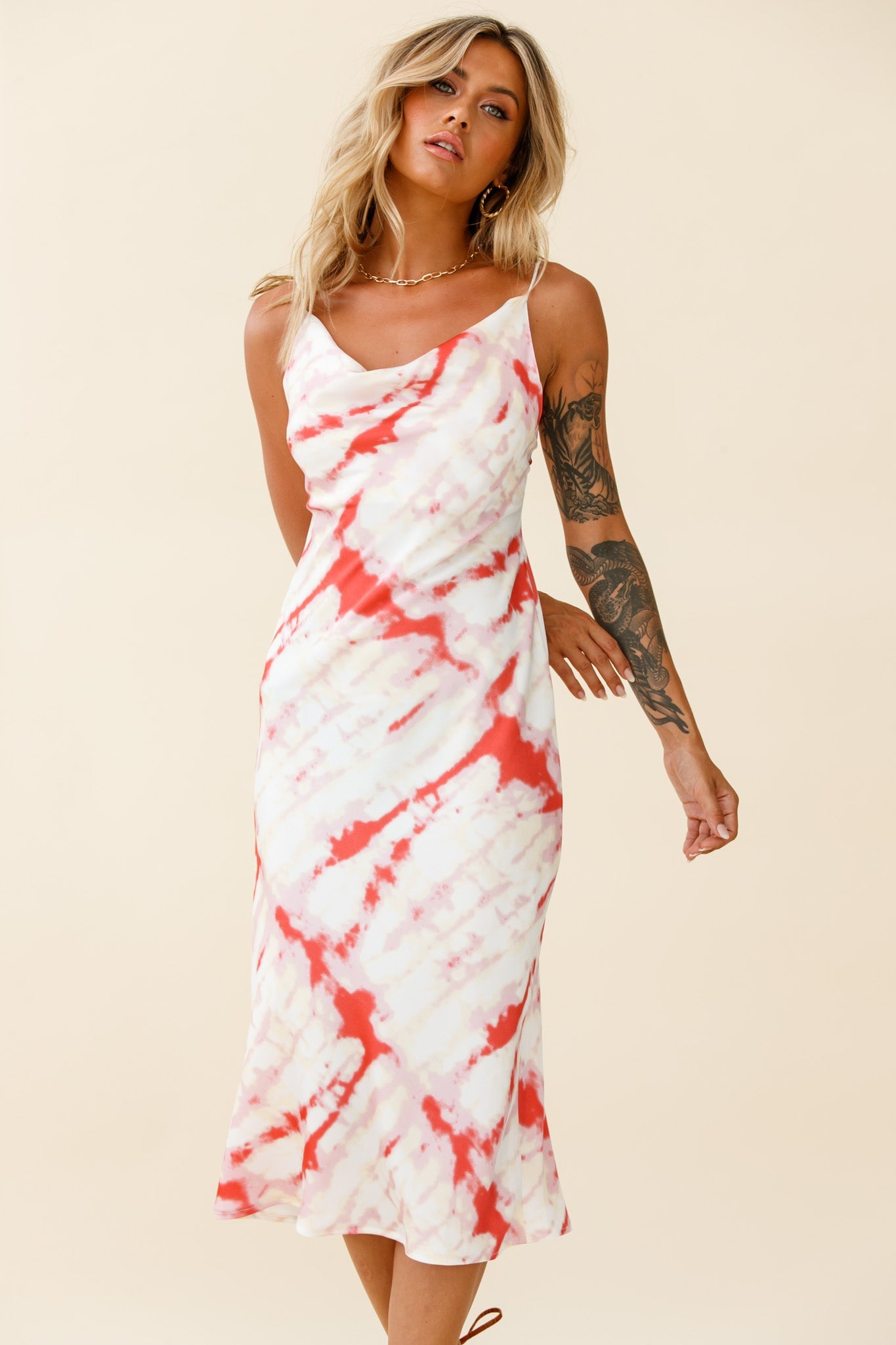 Show Me Love Cowl Neck Midi Dress Tie-Dye Red