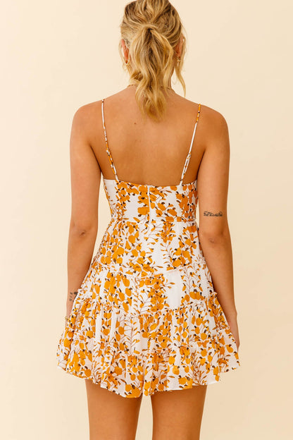 Jocelyn Cami Strap Waist Tie Ruffle Dress Floral Print Yellow