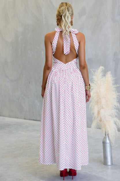 Polka Dot Print Halter Neck Fitted Waist Holiday Maxi Dress