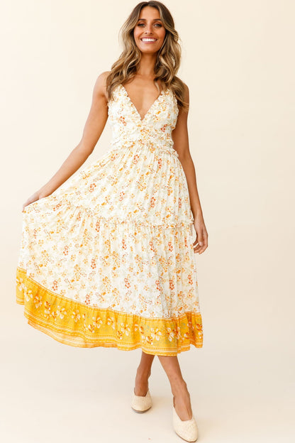 Laney Low Back Cami Strap Midi Dress Hibiscus Print Mustard