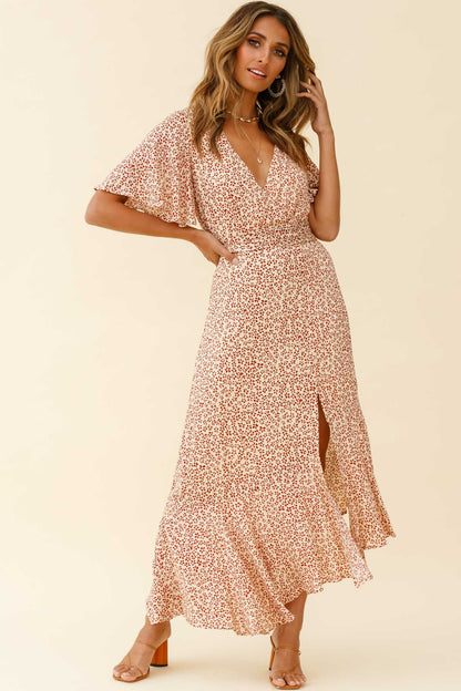 Friday Surplice Neckline Front Split Maxi Dress Floral Print Beige