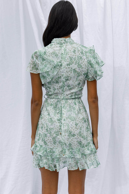 Lark High Neck Ruffle Sleeve Dress Clover Print Green