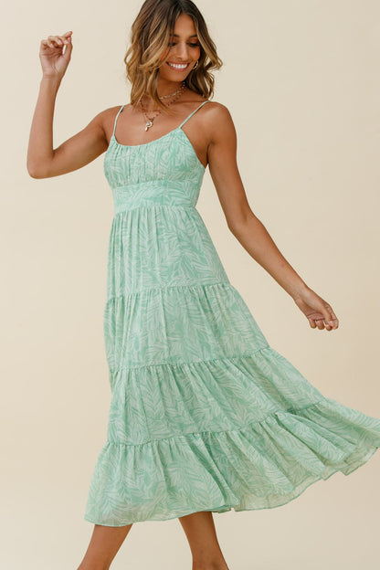 Eternal Sunshine Gathered Bust Maxi Dress Leaf Print Green