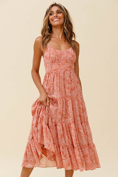 Eternal Sunshine Gathered Bust Maxi Dress Leaf Print Pink
