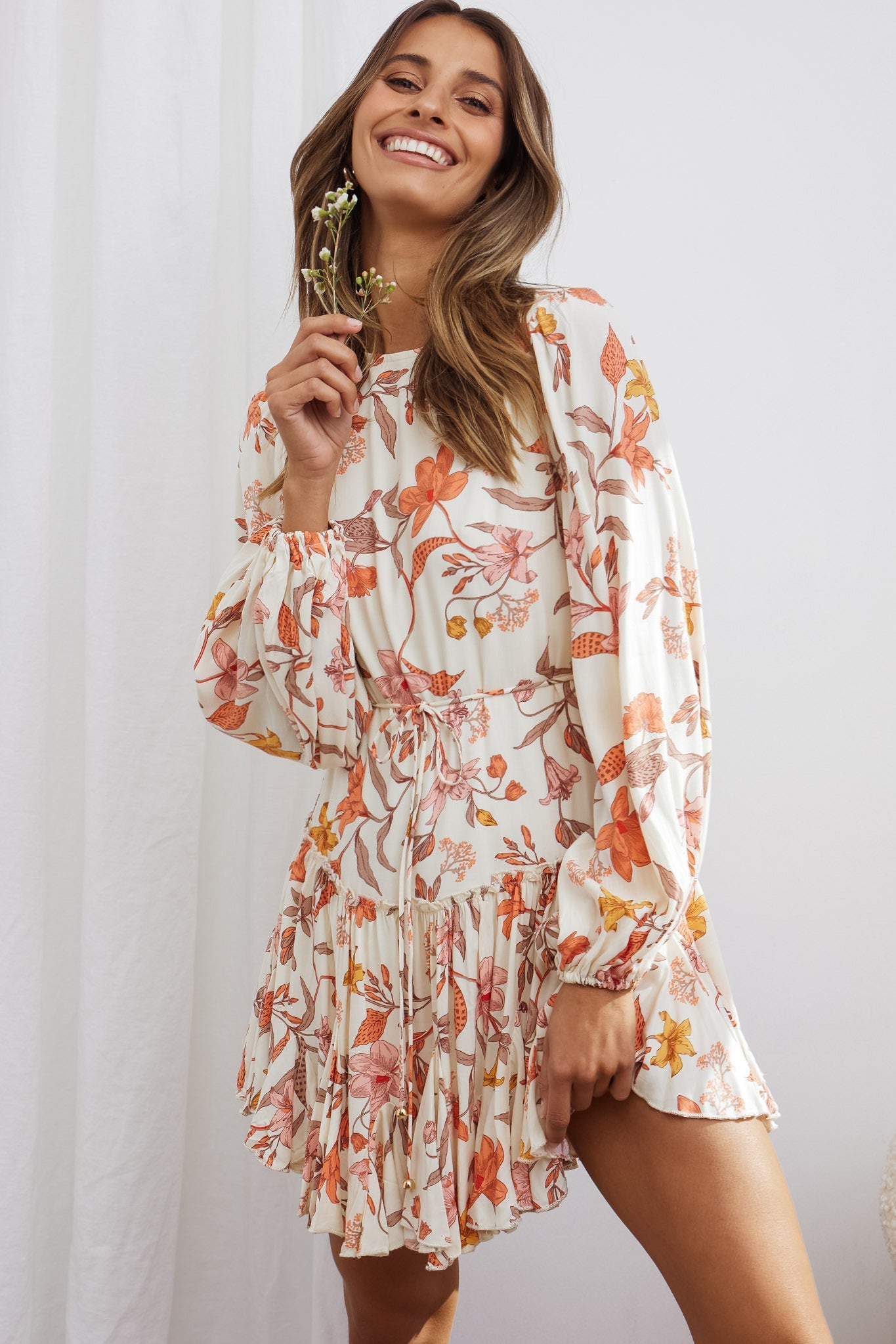 Rosabel Balloon Sleeve Fluted Hem Dress Vintage Floral Print Beige