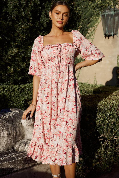 Flynn Balloon Sleeve Shirred Midi Dress Floral Pink