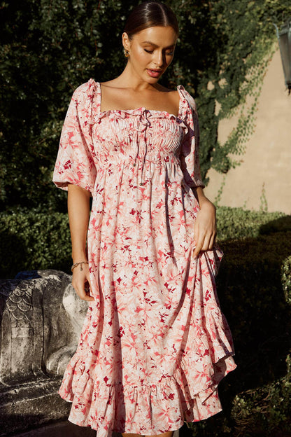 Flynn Balloon Sleeve Shirred Midi Dress Floral Pink