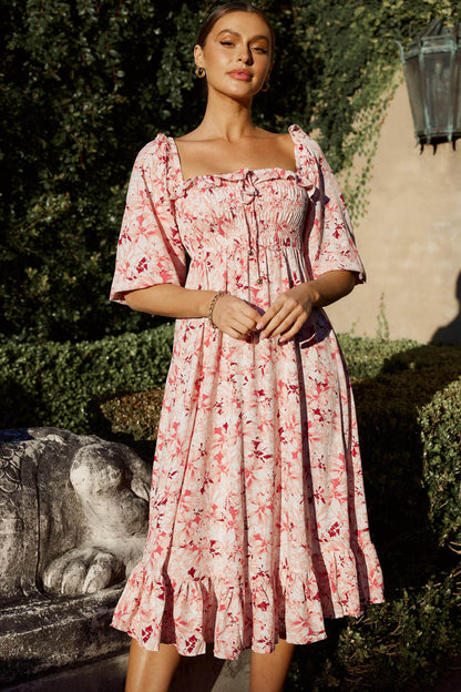Flynn Balloon Sleeve Shirred Midi Dress Floral Pink