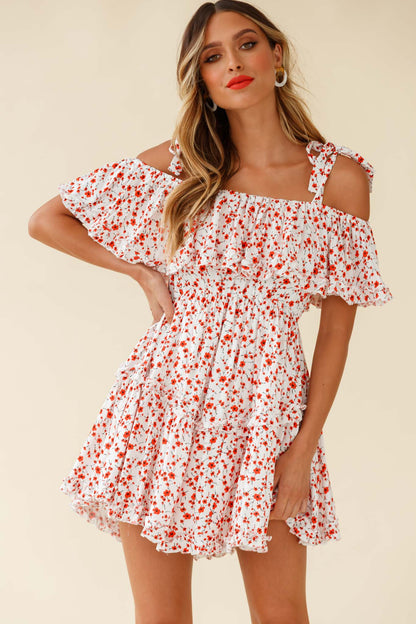 Hacienda Bardot Neckline Frill Dress Floral Print White