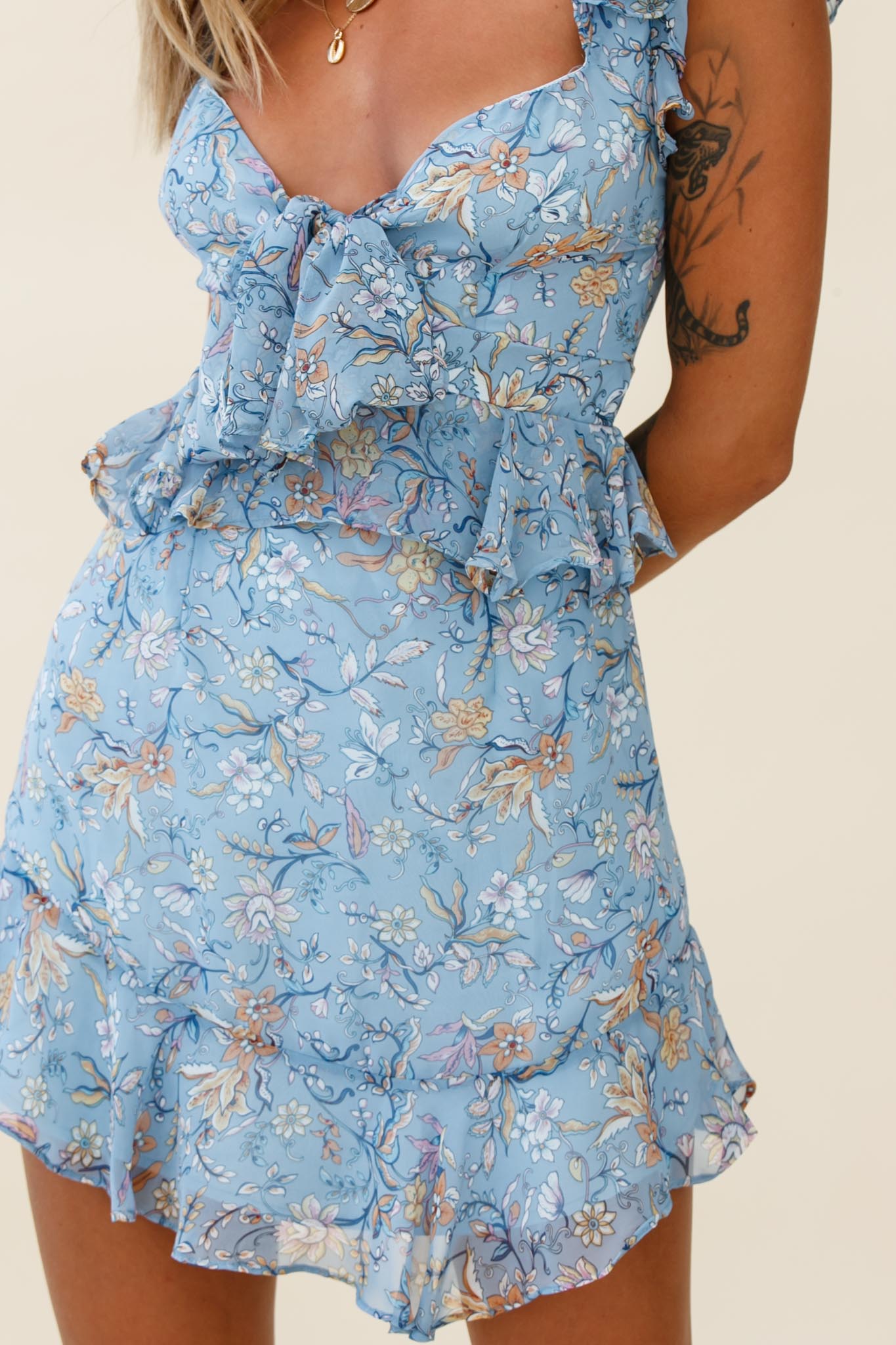 Say That Again Bust Tie Ruffle Trim Dress Floral Print Blue
