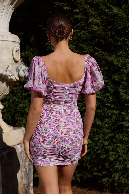 Magic Moment Ruched Drawstring Mini Dress Rose Print Purple