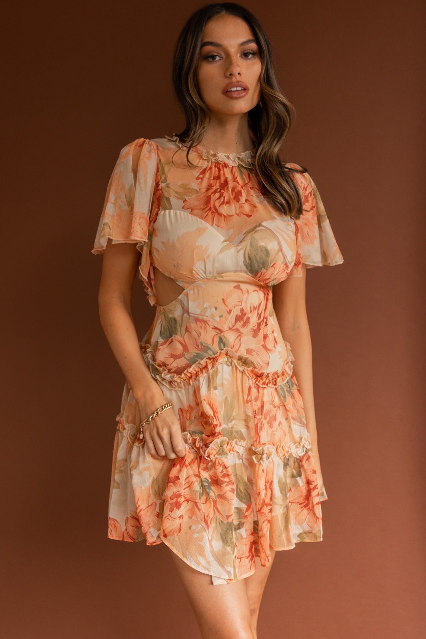 Tres Chic Flutter Sleeve Cut-Out Dress Botanical Tangerine
