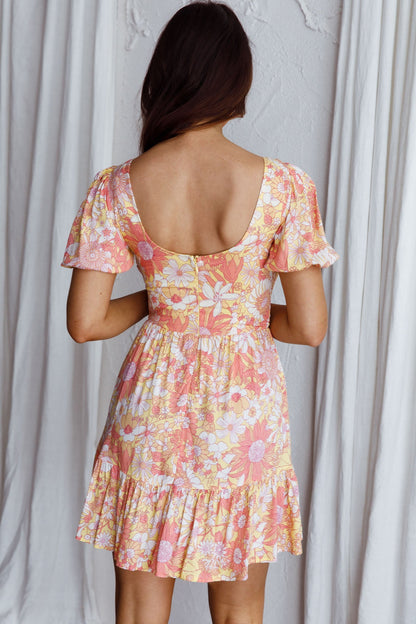 Crystal Shores Shirred Bust Mini Dress Floral Yellow
