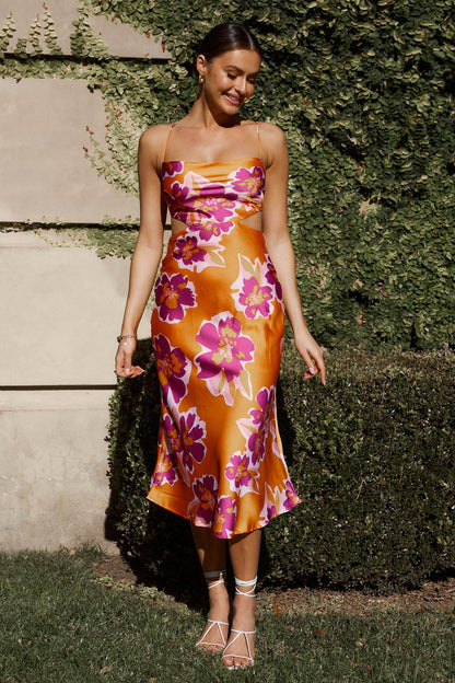 Sunday Bliss Tie-Up Back Cowl Neck Midi Dress Flower Orange