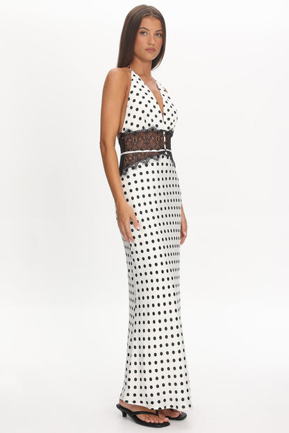 Tarly Lace Waist Halter Maxi Dress Polka Dot White