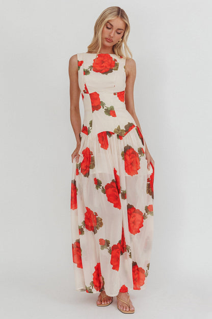 Opulent Low Back Maxi Dress Floral Rose