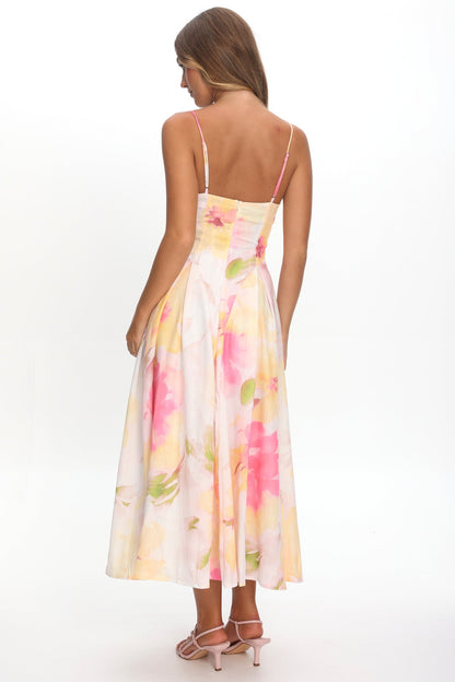Get My Attention Pleat Waist Maxi Dress Floral Yellow