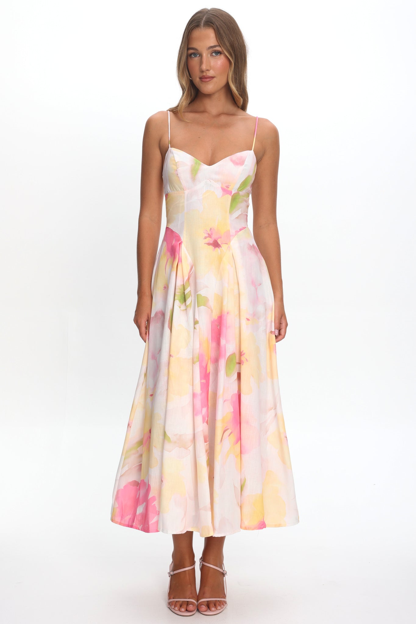 Get My Attention Pleat Waist Maxi Dress Floral Yellow