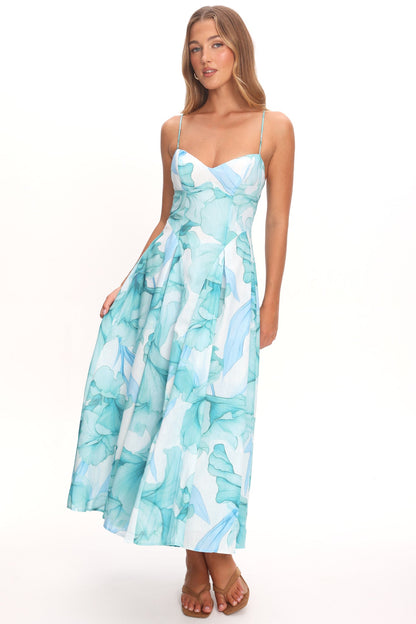 Get My Attention Pleat Waist Maxi Dress Watercolor Green