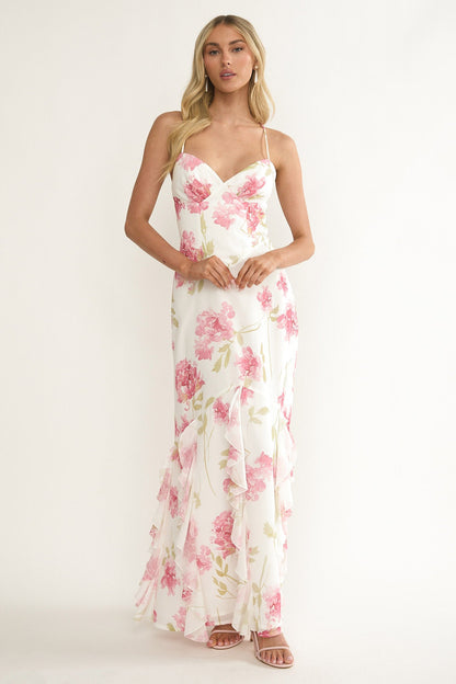 Charlisa Strappy Back Ruffle Maxi Dress Flowers White