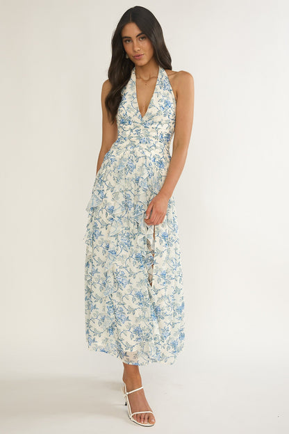 She's Glowing Halterneck Ruffle Dress Floral Blue
