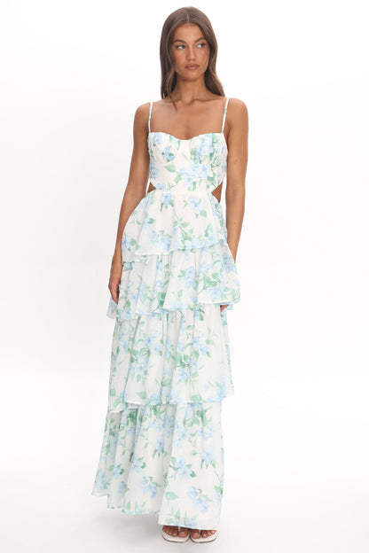 Vianne Tiered Cut-Out Maxi Dress Floral Blue