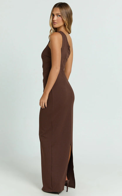 One Shoulder Maxi Dress in Chocolate