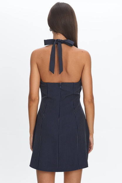 Elisabet Halter Neck Mini Dress Pinstripe Navy