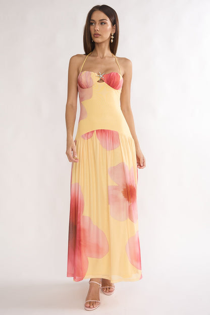 Justyne Drop Waist Halter Maxi Dress Floral Yellow