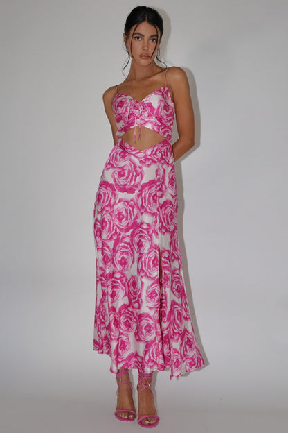 Twin Flame Drawstring Bust Midi Dress Floral Pink