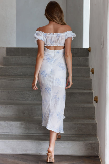 Pixie Puff Sleeve Midi Dress Floral Blue