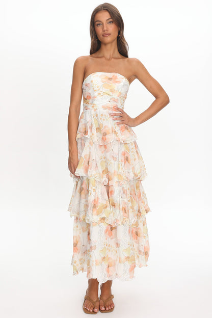 Giavana Strapless Layered Midi Dress Floral Beige
